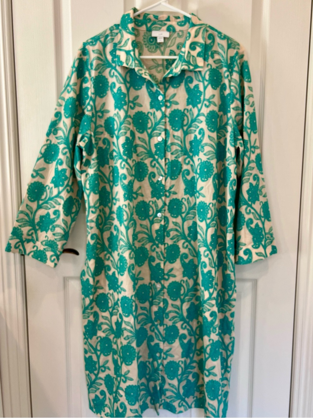 J. Jill Embroidered Teal Floral Midi Shirt Dress on Cream